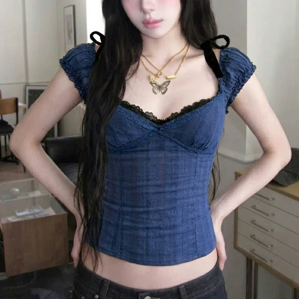 Zara Girl Lace Patchwork Collar Solid Lightweight Casual Summer Tee